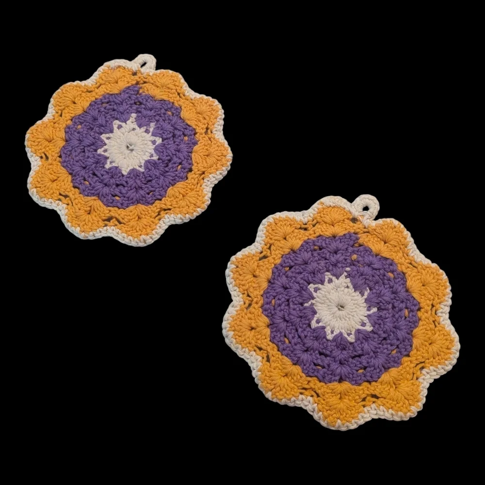 Vintage Granny Core 2 Purple Yellow White Crocheted Flower Potholders